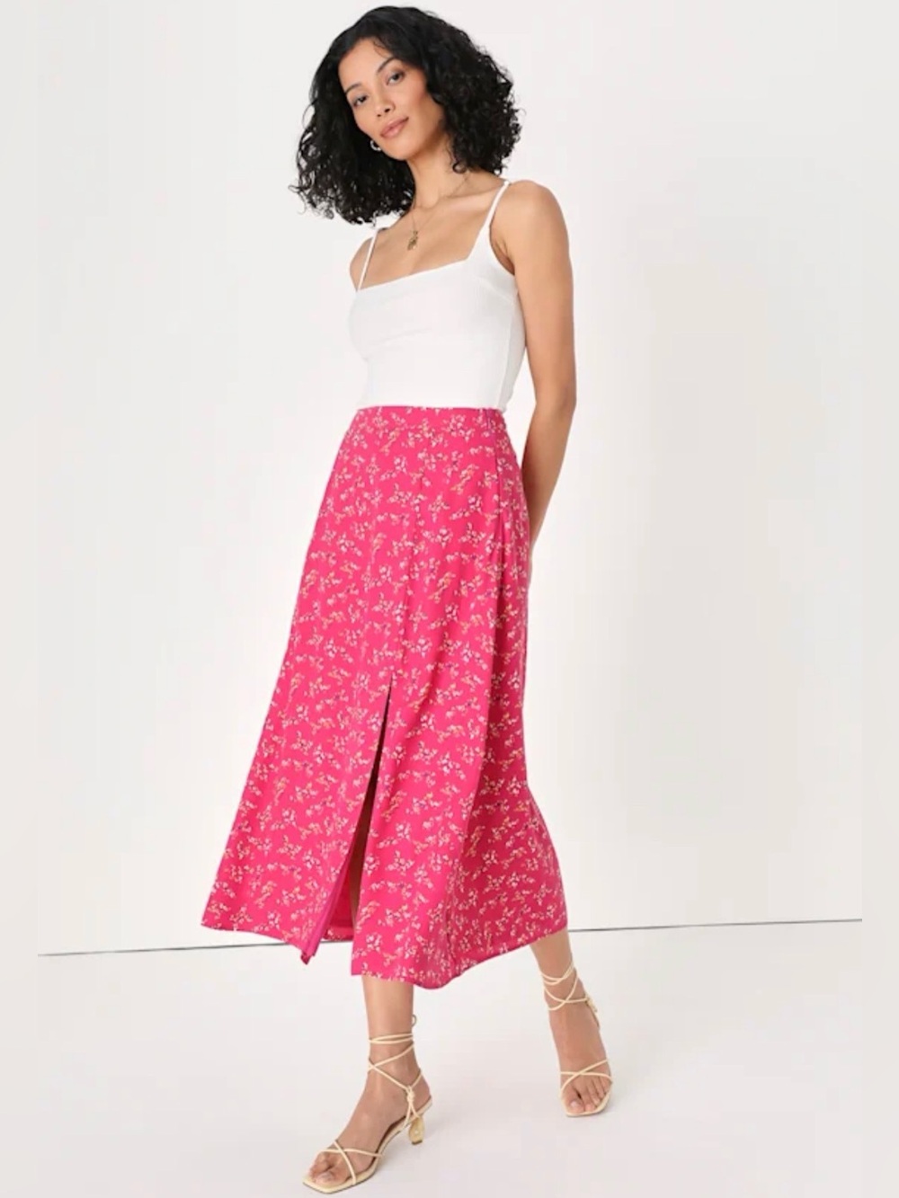 Lulus Bliss Me Midi A-Line Skirt Womens XS Hot Pink Floral Fully Lined Side Slit